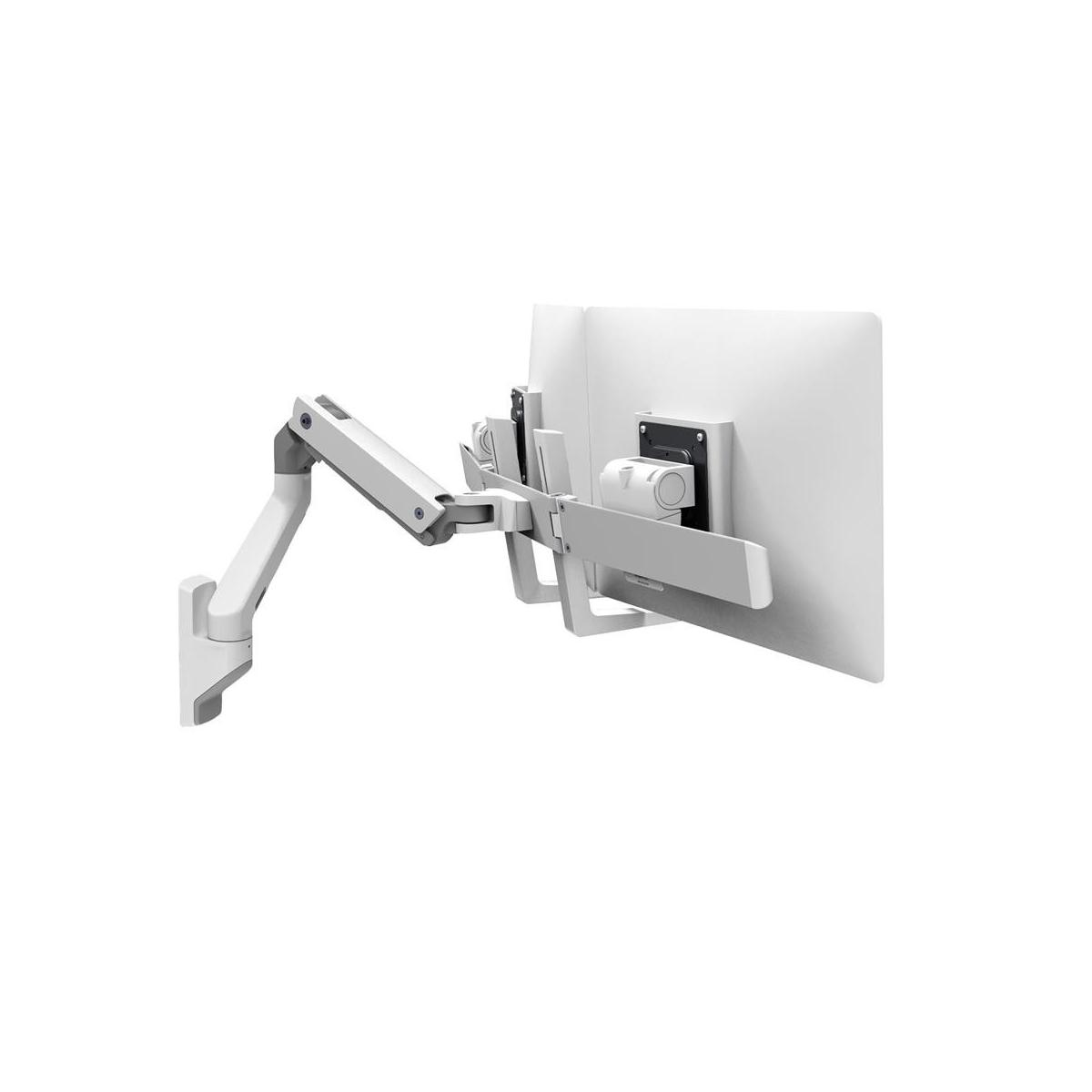 Un brazo de monitor blanco montado en una pared blanca, sosteniendo un monitor blanco.