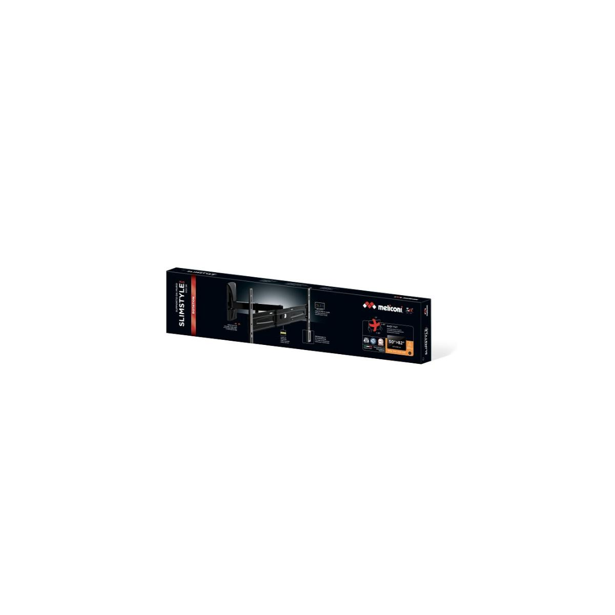 Confezione per staffa TV slim con logo Meliconi e indicazione misura 50-82 pollici.