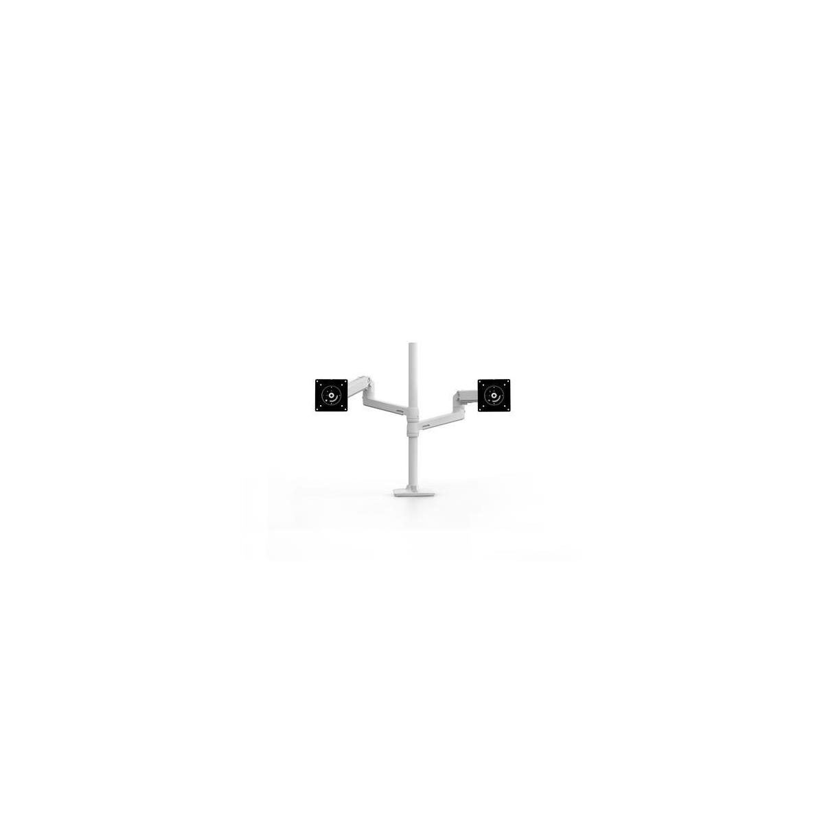 A white dual monitor arm holding two black monitors on a white background.
