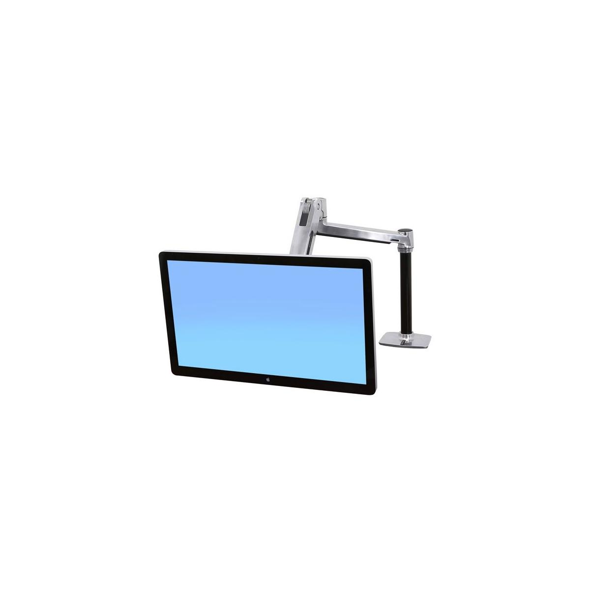 Een zilveren monitorarm ondersteunt een zwarte monitor met blauw scherm.
