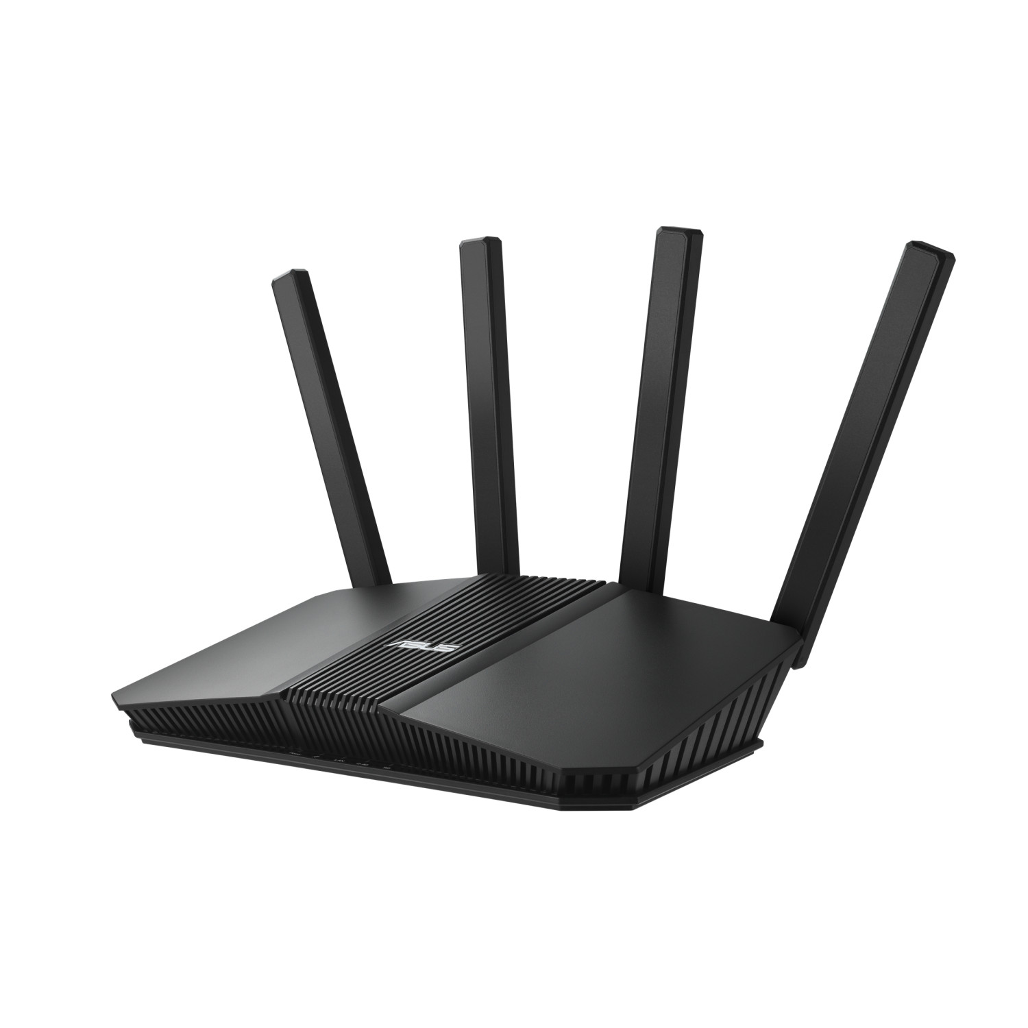 Routeur noir avec quatre antennes sur fond blanc.