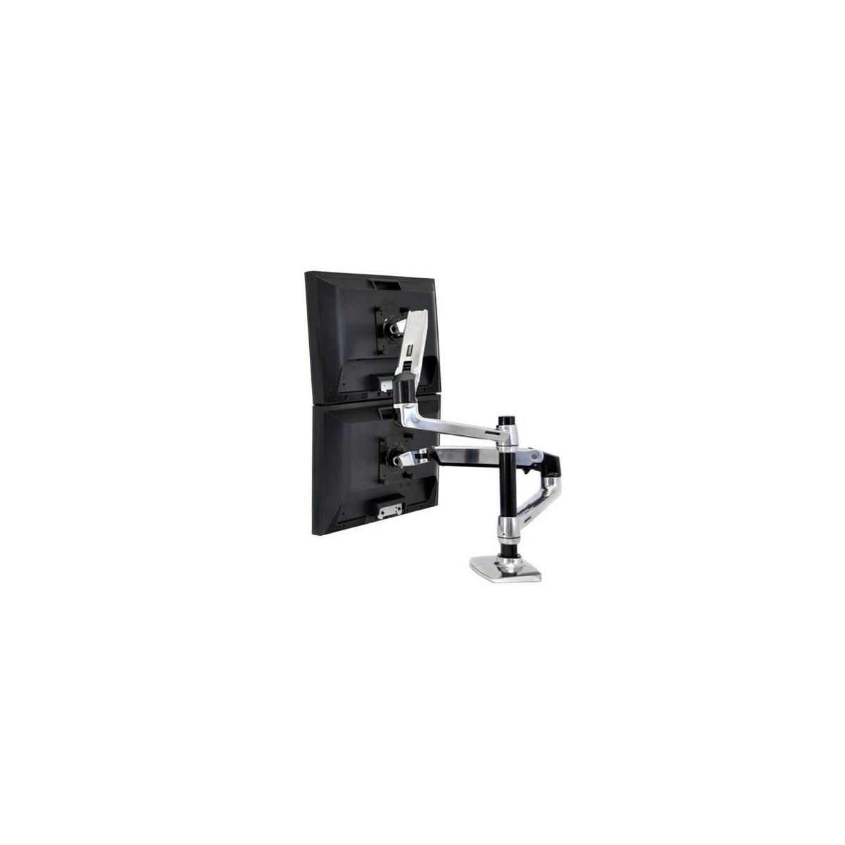 A silver monitor arm holds two black monitors stacked vertically on a base.