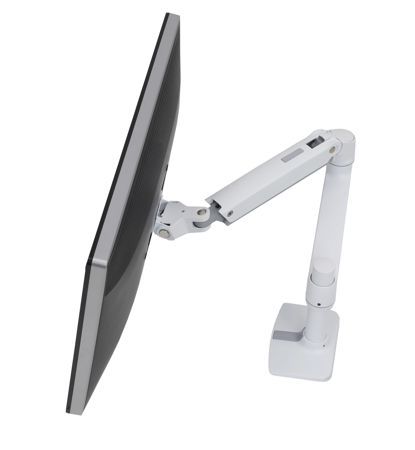 A white monitor arm with a black screen, mounted on a base.