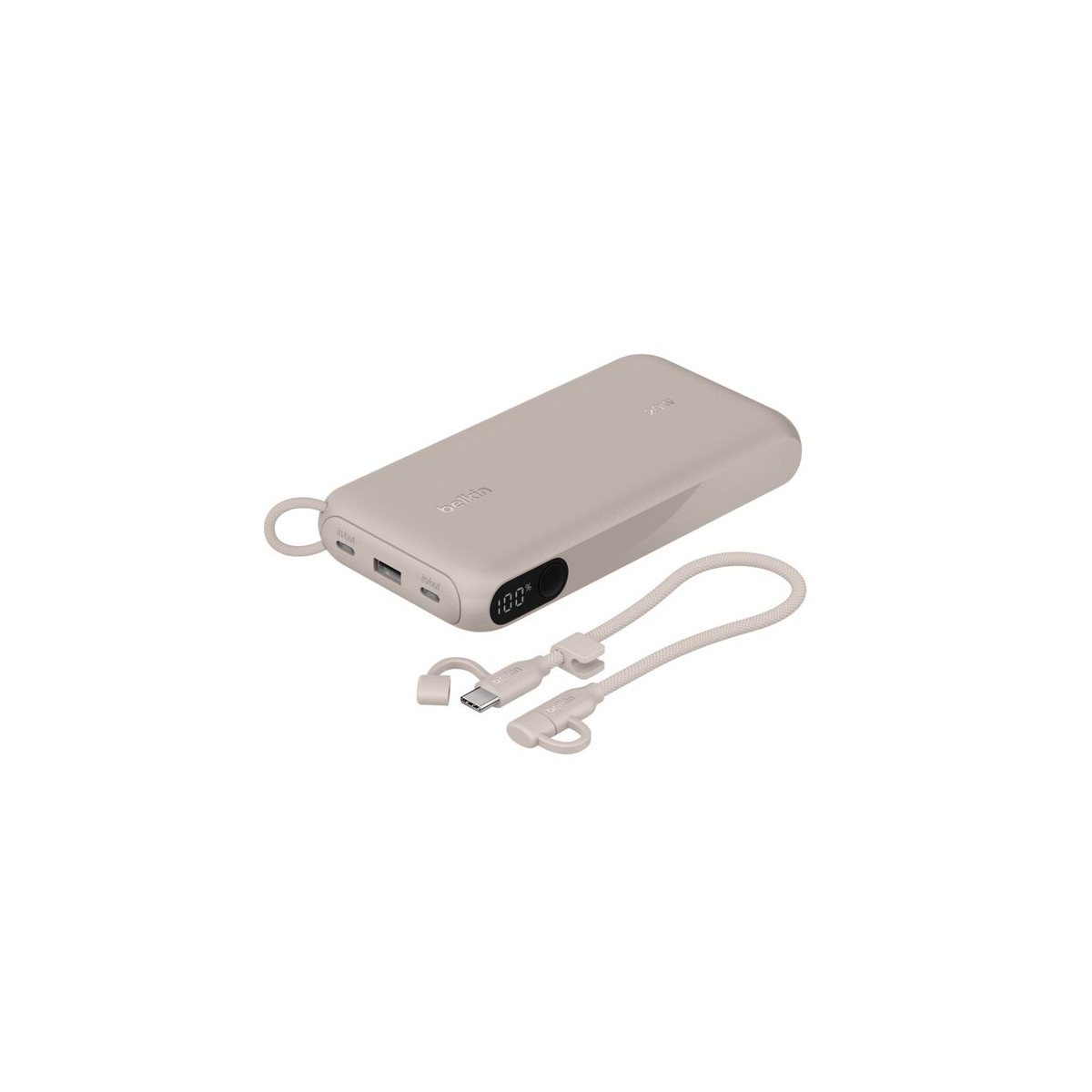 Un power bank beige con carica al 100% e un cavo USB-C.