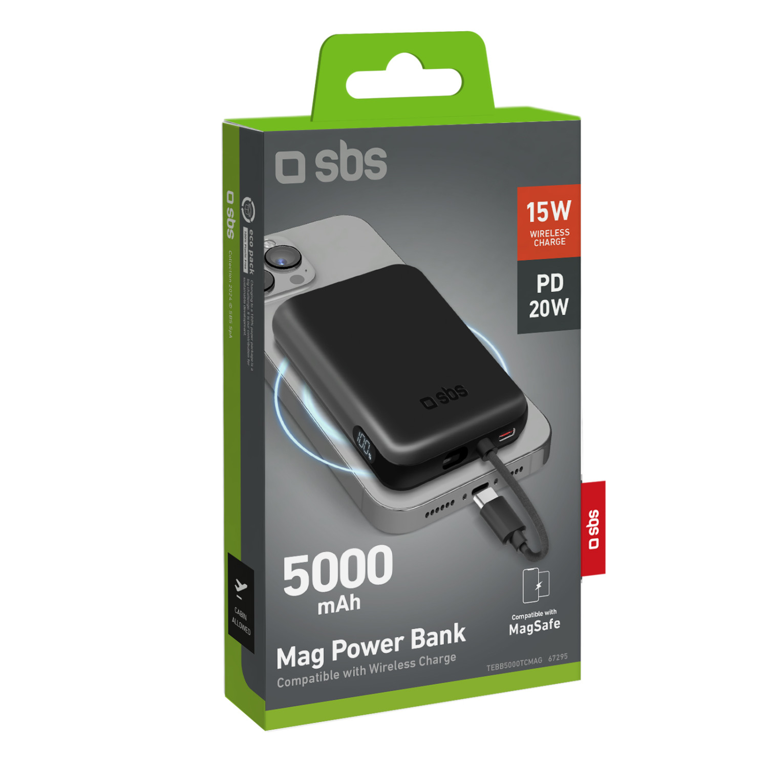 Scatola SBS Mag Power Bank: Nera 5000mAh, 15W wireless, 20W PD, compatibile MagSafe.