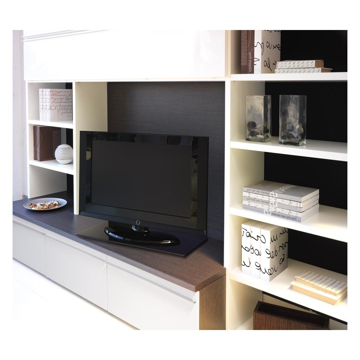 Un televisor sobre un mueble oscuro con cajones blancos. Estanterías a los lados.