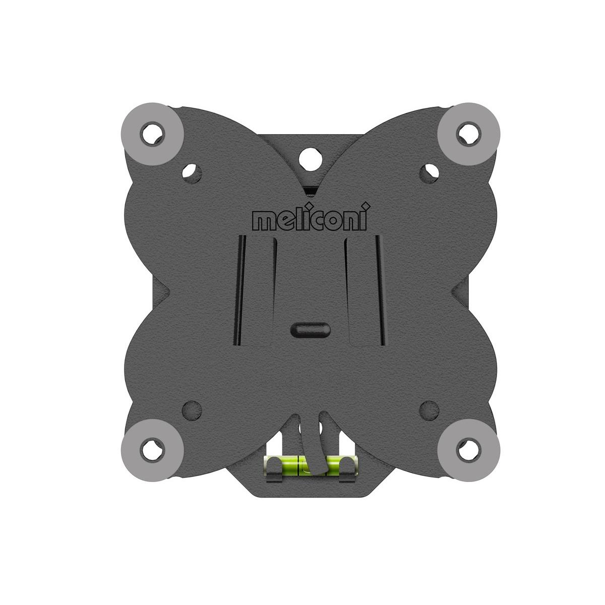 Grauer Schmetterlings-Halter mit Meliconi-Logo und integriertem Wasserwaagen-Modul.