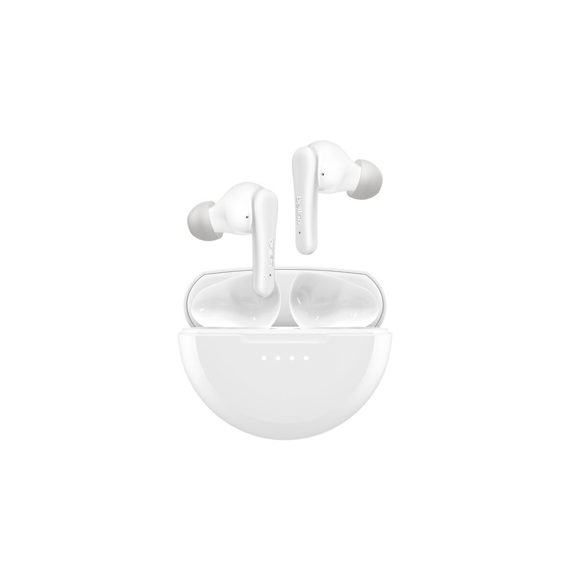 Auricolari wireless bianchi con custodia di ricarica su sfondo bianco.