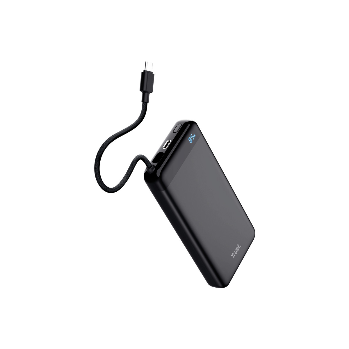 Power bank nero con cavo USB-C e indicatore 85%.