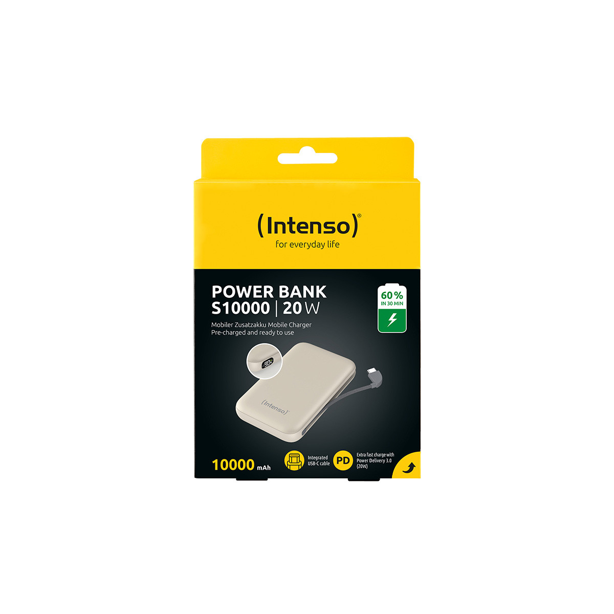 Intenso Power Bank S10000 con 20W, cavo USB-C integrato.