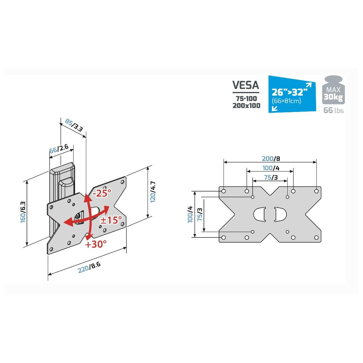 Diagramma di un supporto VESA con dimensioni e indicatori di angolo. Carico max 30kg.