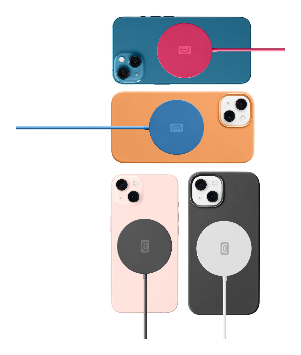 Drei iPhones mit MagSafe-Ladegeräten in verschiedenen Farben.