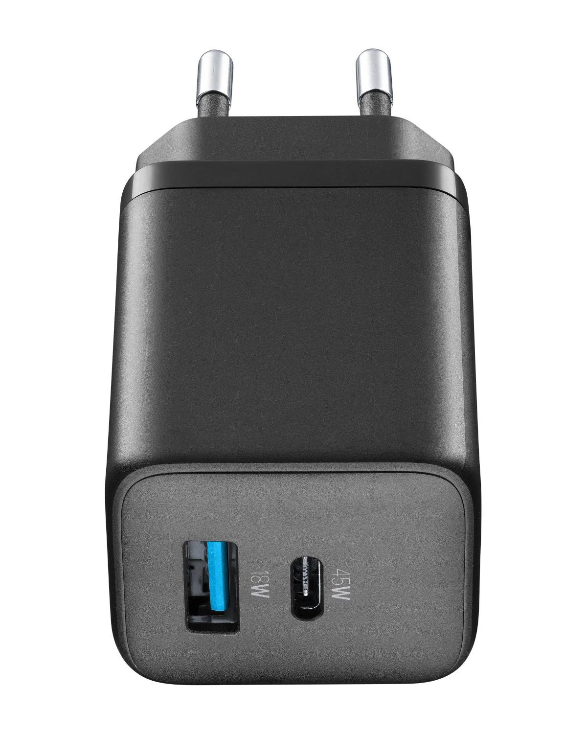 Un caricatore nero con due porte USB, 18W e 45W.