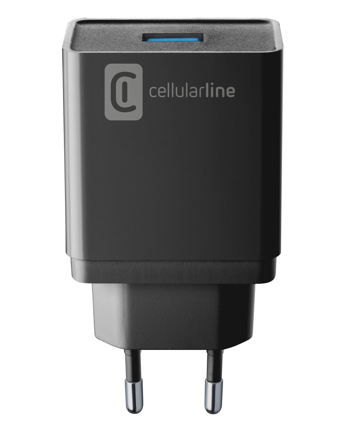 Schwarzes Netzteil mit USB-Anschluss und Cellularline-Logo.