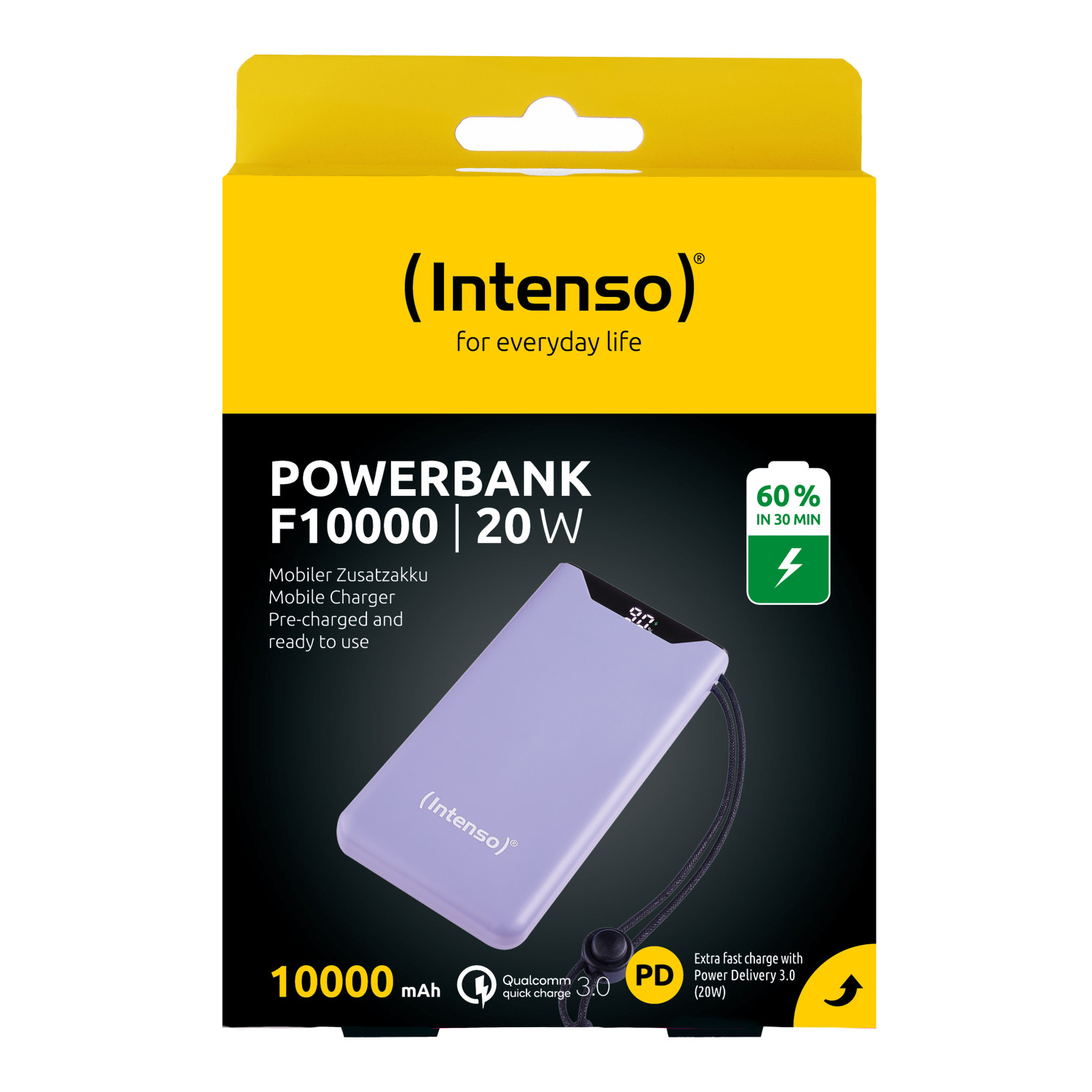 Paarse powerbank 10000mAh, 20W, op gele verpakking.