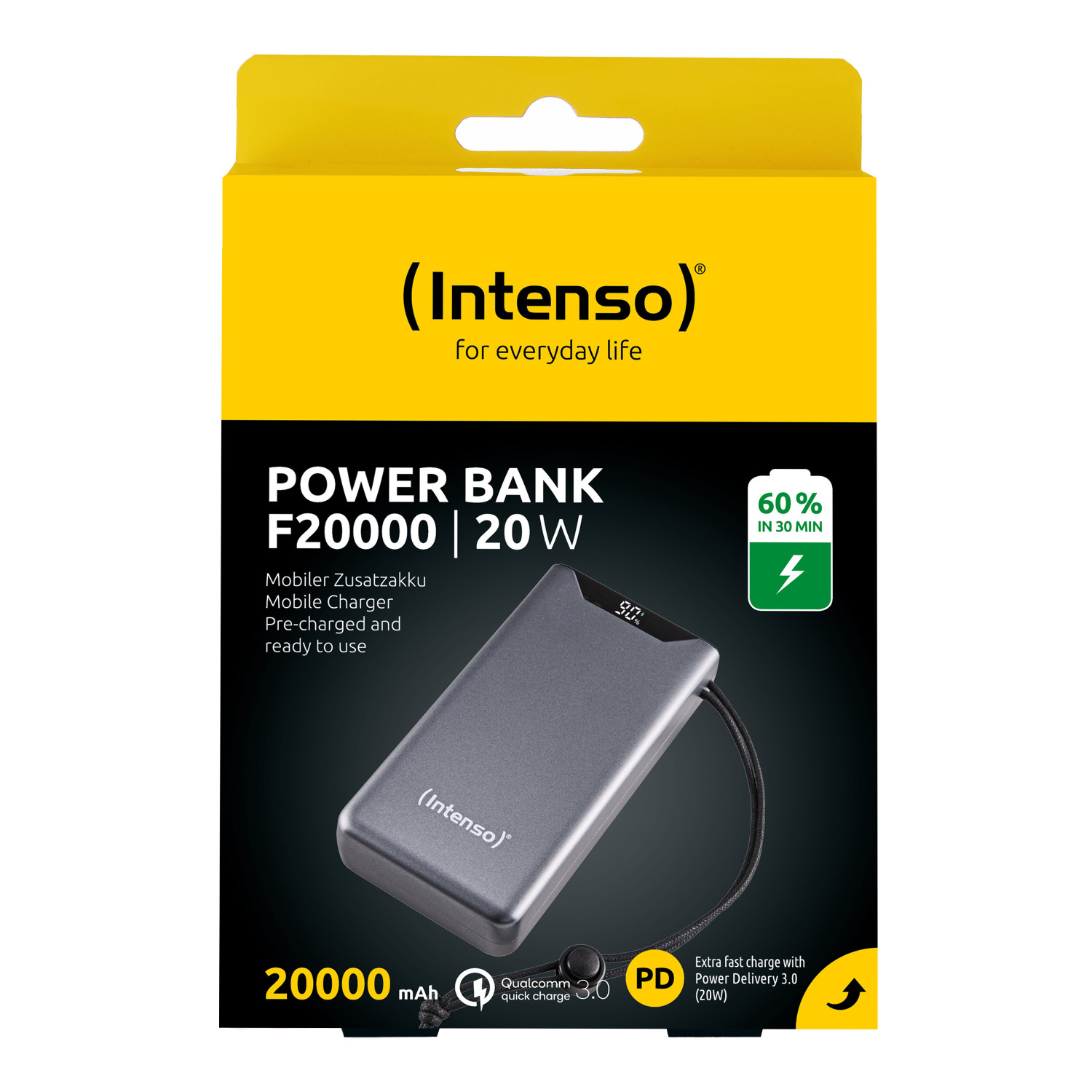 Power bank Intenso F20000 20W grigia con cavo e indicatore di carica su confezione gialla.
