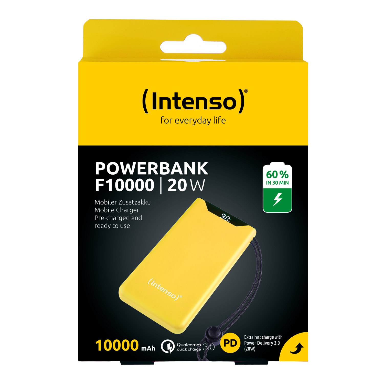 Batterie externe Intenso jaune 10000 mAh, 20W, PD 3.0 et indicateur de charge.