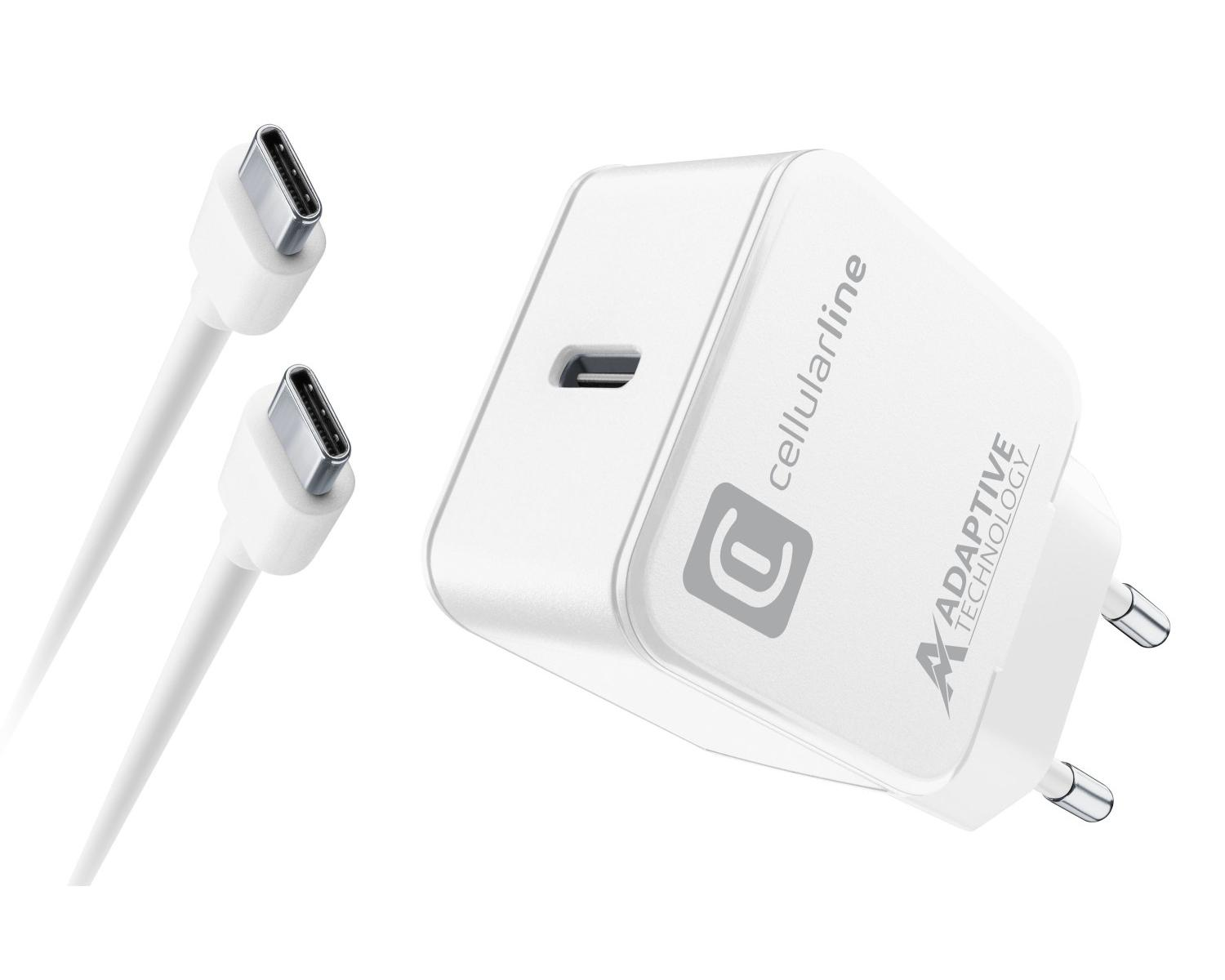Weißes USB-C-Ladegerät mit zwei Kabeln auf weißem Hintergrund.