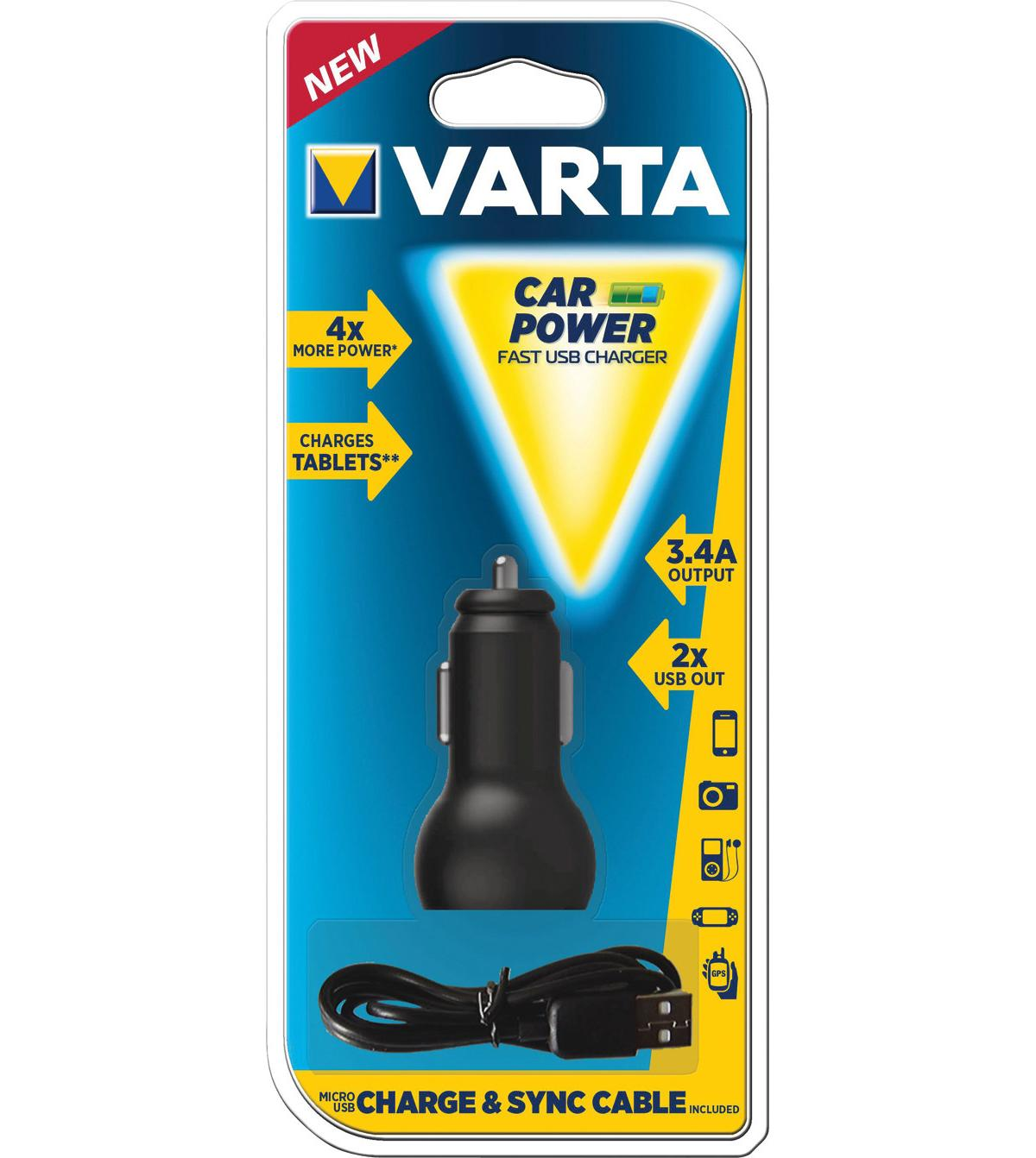 Caricatore USB rapido Varta Car Power con cavo micro USB. Offre 4 volte più potenza.