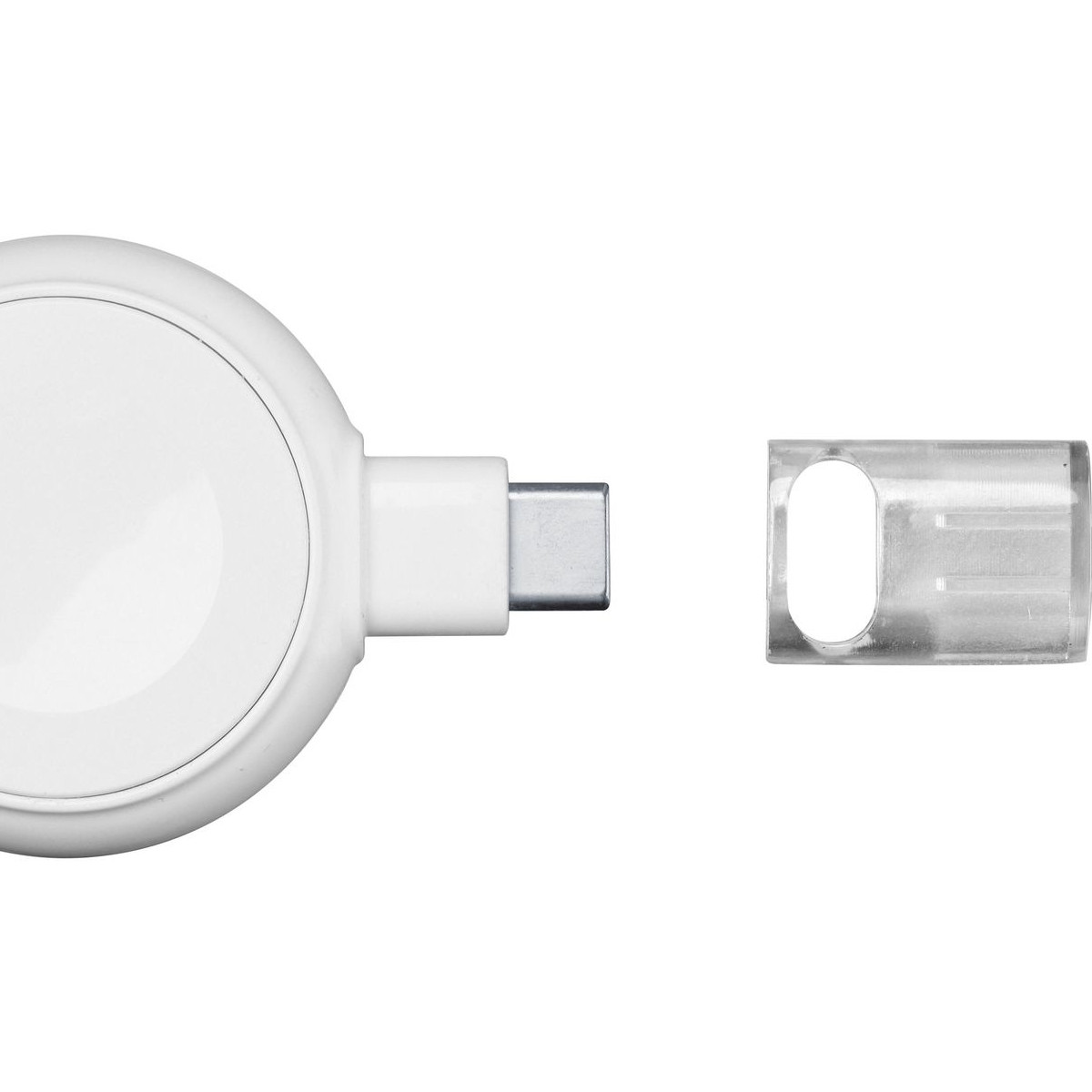 Ein weißer USB-C-Stecker und eine transparente Kappe auf weißem Hintergrund.