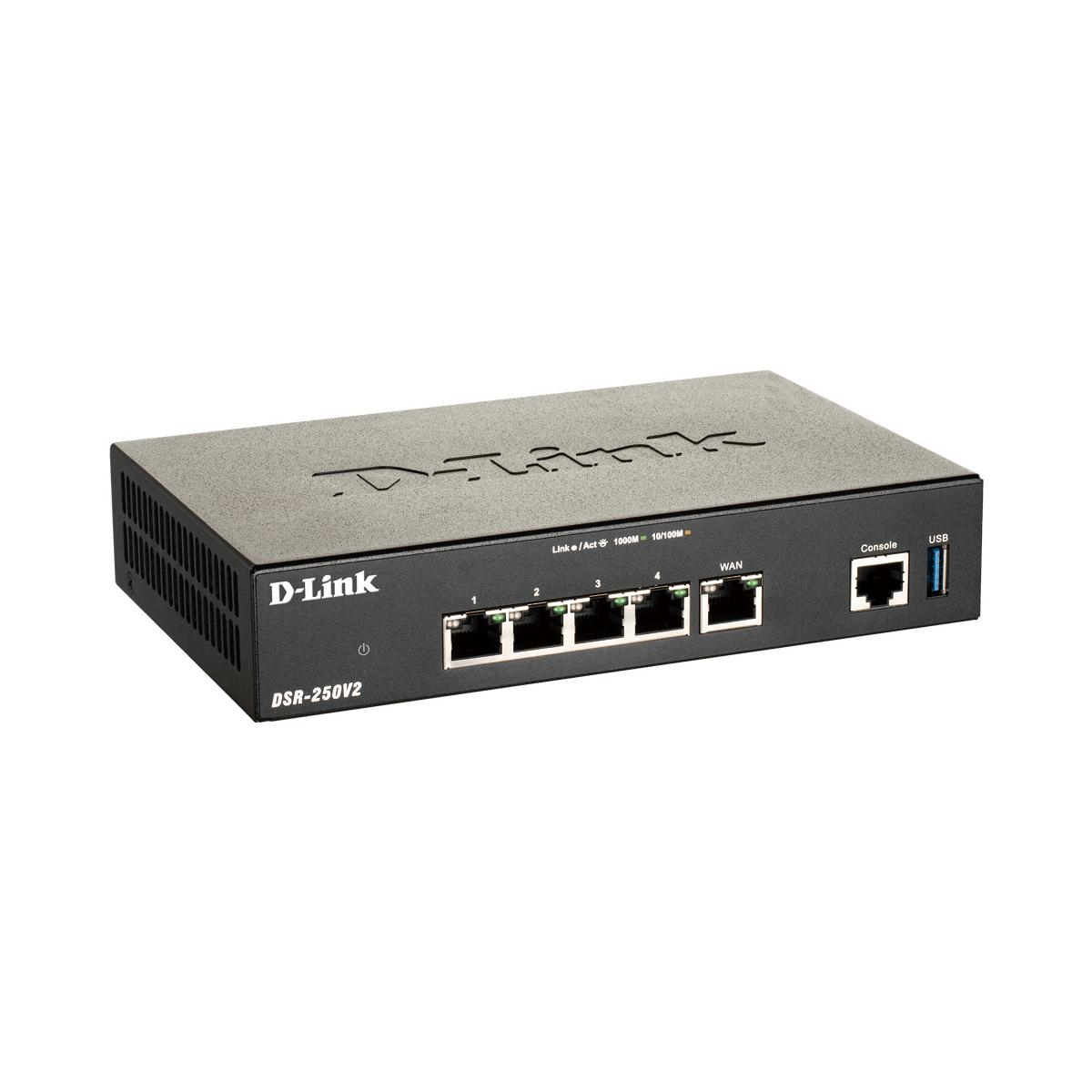 Szary router D-Link z 4 portami LAN, jednym portem WAN, konsolą i portem USB.