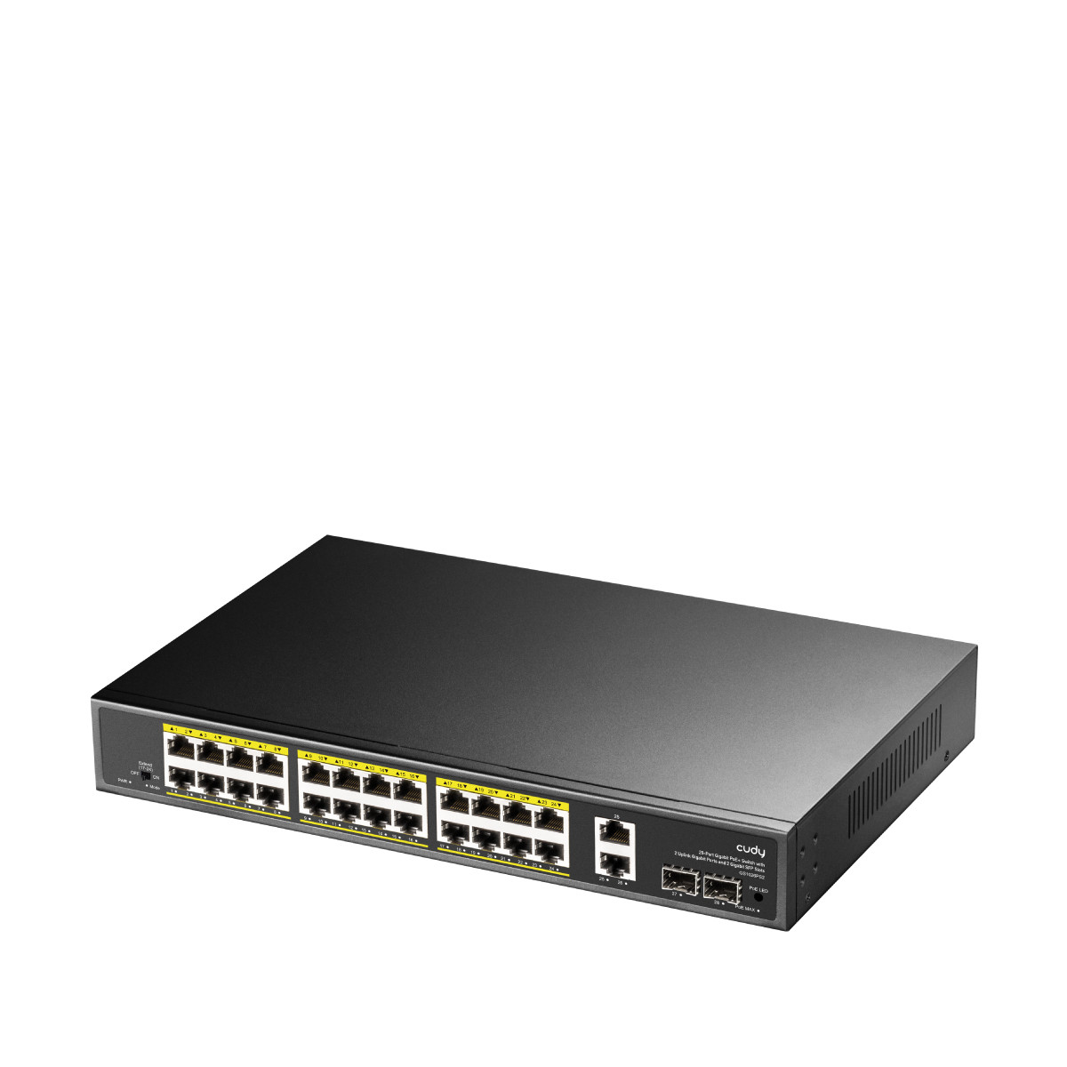 Uno switch di rete nero da 24 porte con porte e indicatori LED.