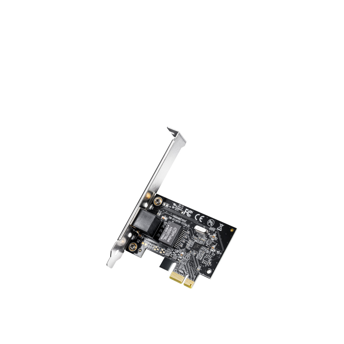 Karta sieciowa z portem Ethernet i złączem PCIe na białym tle.