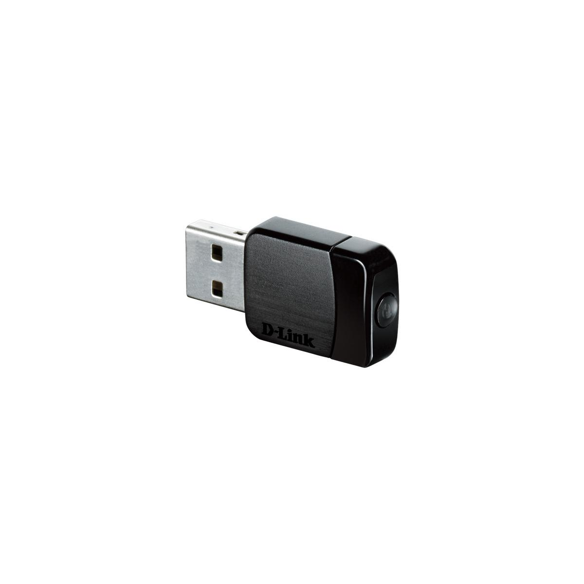 Un adattatore Wi-Fi USB D-Link nero con connettore argentato.