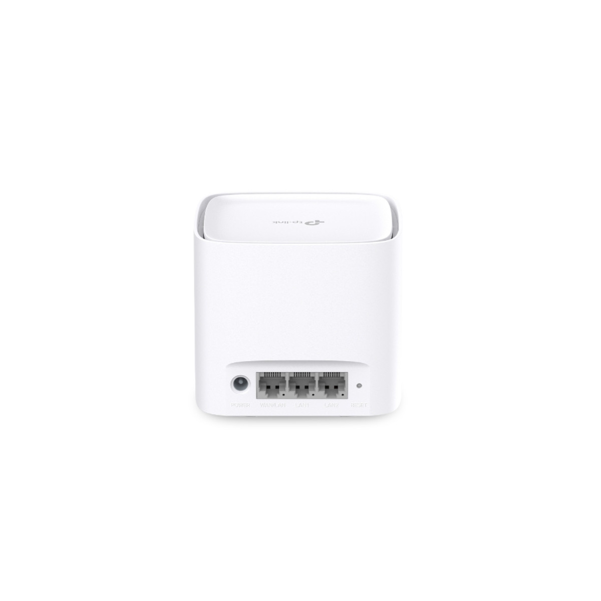 Un router TP-Link blanco con puertos para alimentación, WAN/LAN, LAN1, LAN2 y reset.