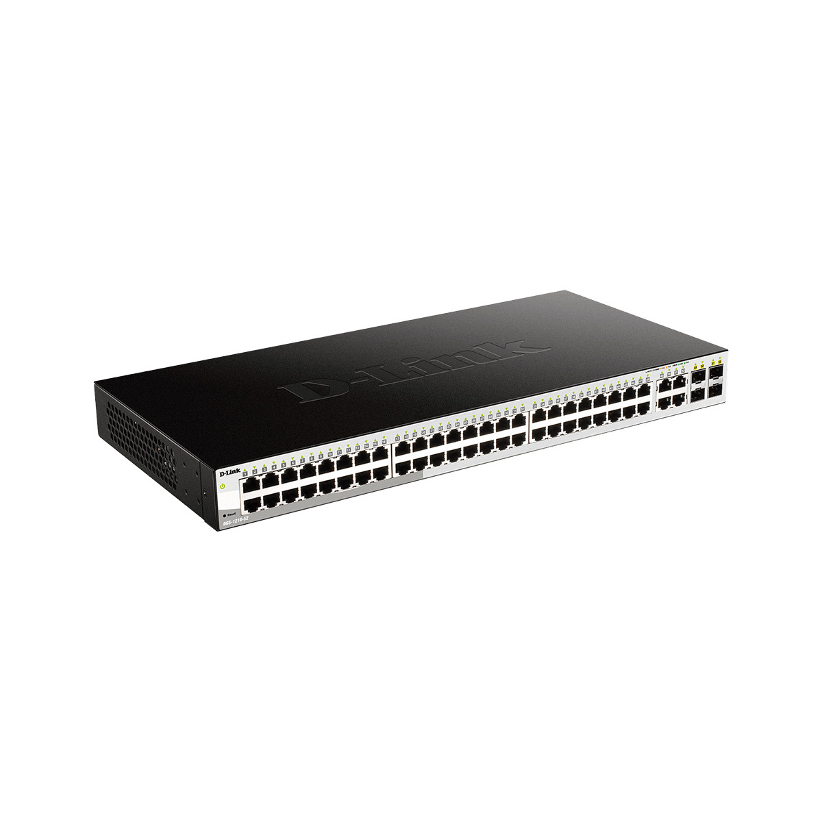 Een zwarte D-Link netwerkswitch met talrijke poorten en indicatielampjes.