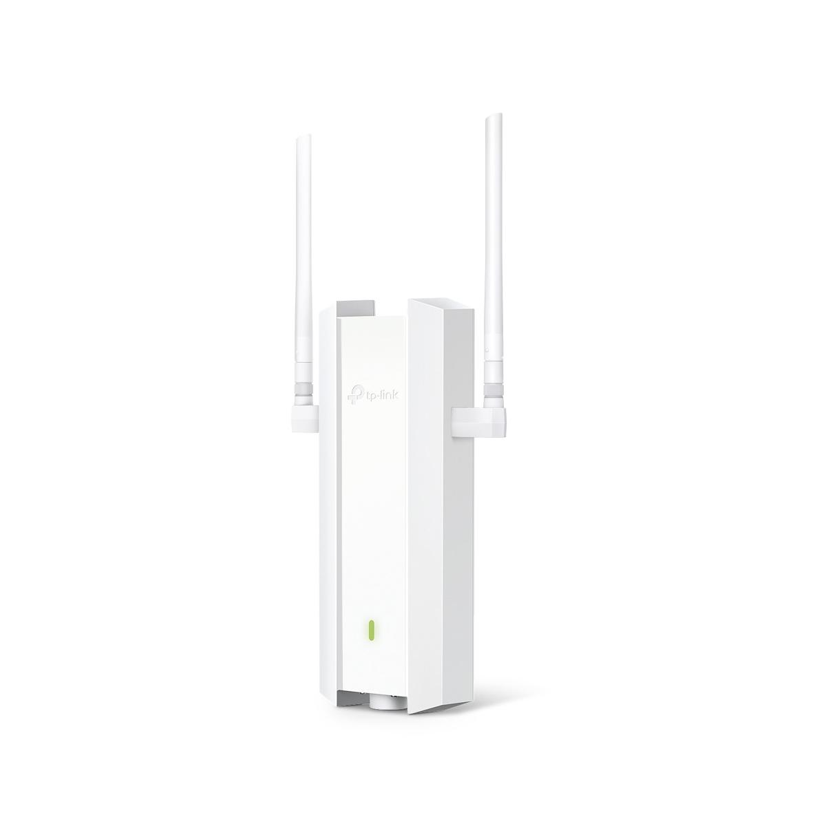 A white TP-Link Wi-Fi router with two antennas and a green LED light.