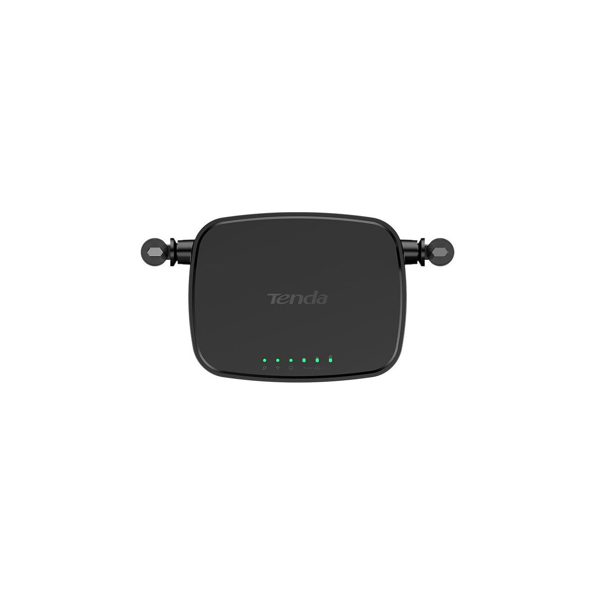 Un router Tenda nero con antenne e spie luminose.