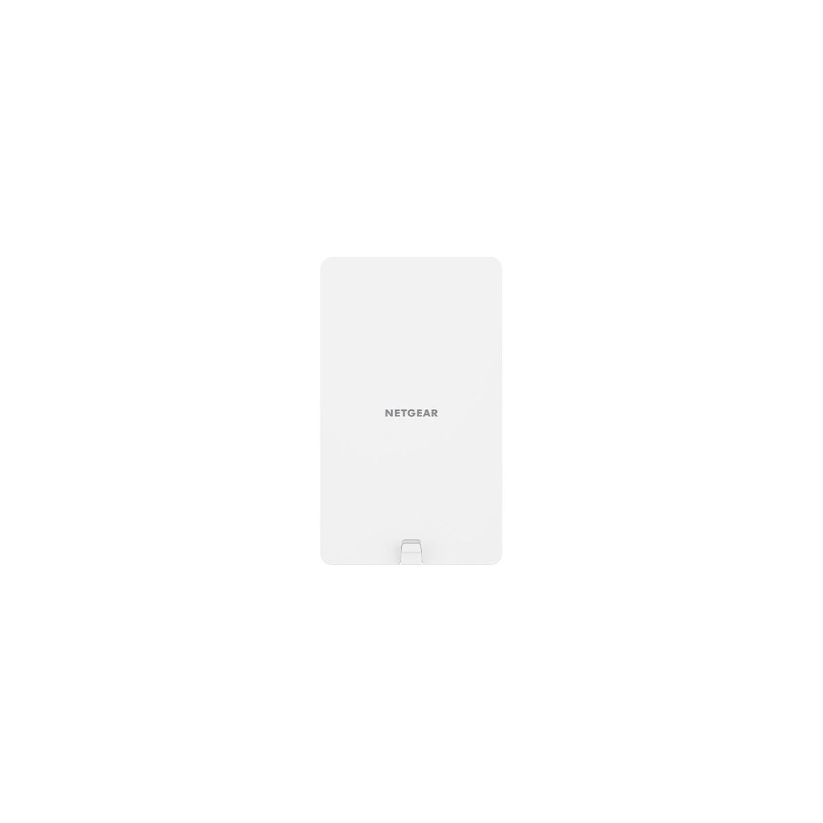 Un dispositivo NETGEAR bianco con una sottile lucentezza metallica e un piccolo ritaglio rettangolare in basso.