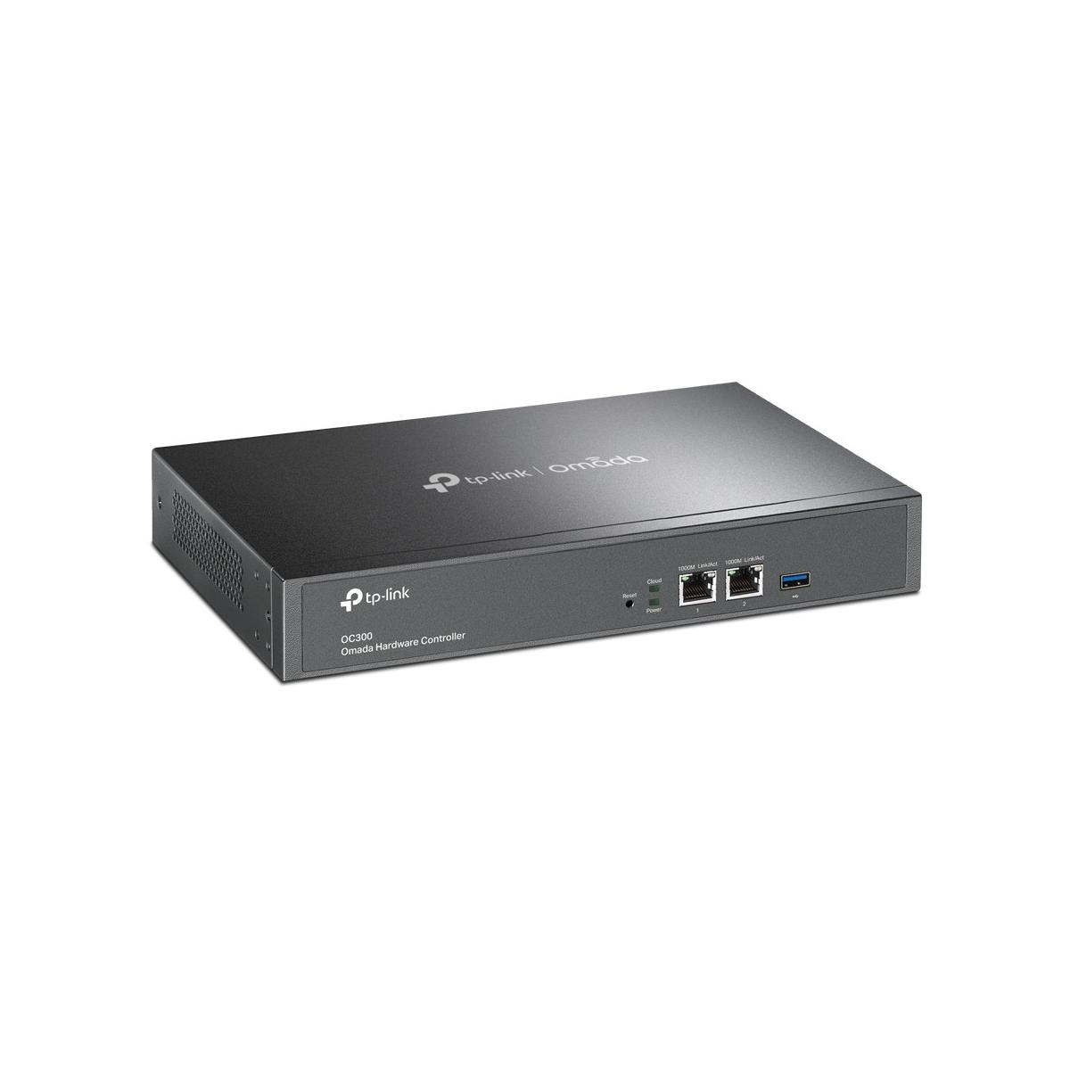 Schwarzer TP-Link Omada OC300 Hardware Controller mit Anschlüssen und LEDs.