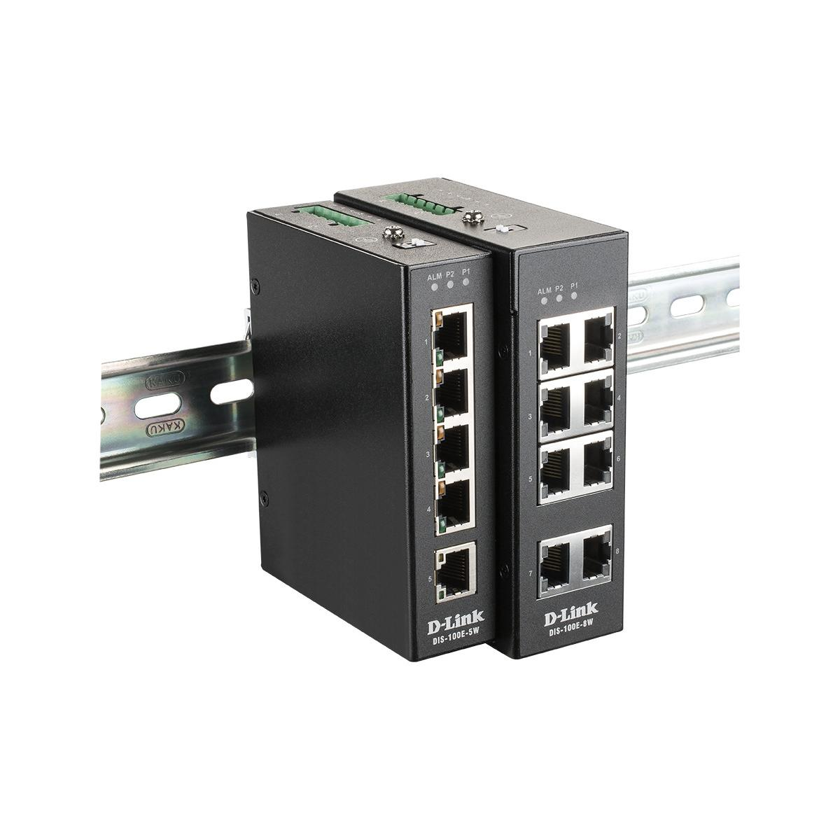 Deux commutateurs réseau D-Link noirs montés sur un rail métallique, avec des ports Ethernet visibles.