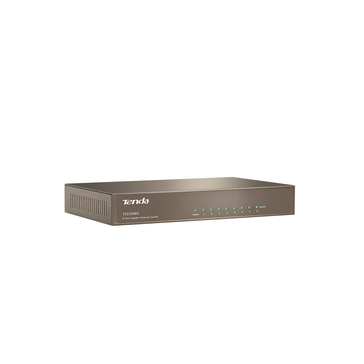Un switch Tenda gris de 8 puertos Gigabit Ethernet con luces indicadoras al frente.