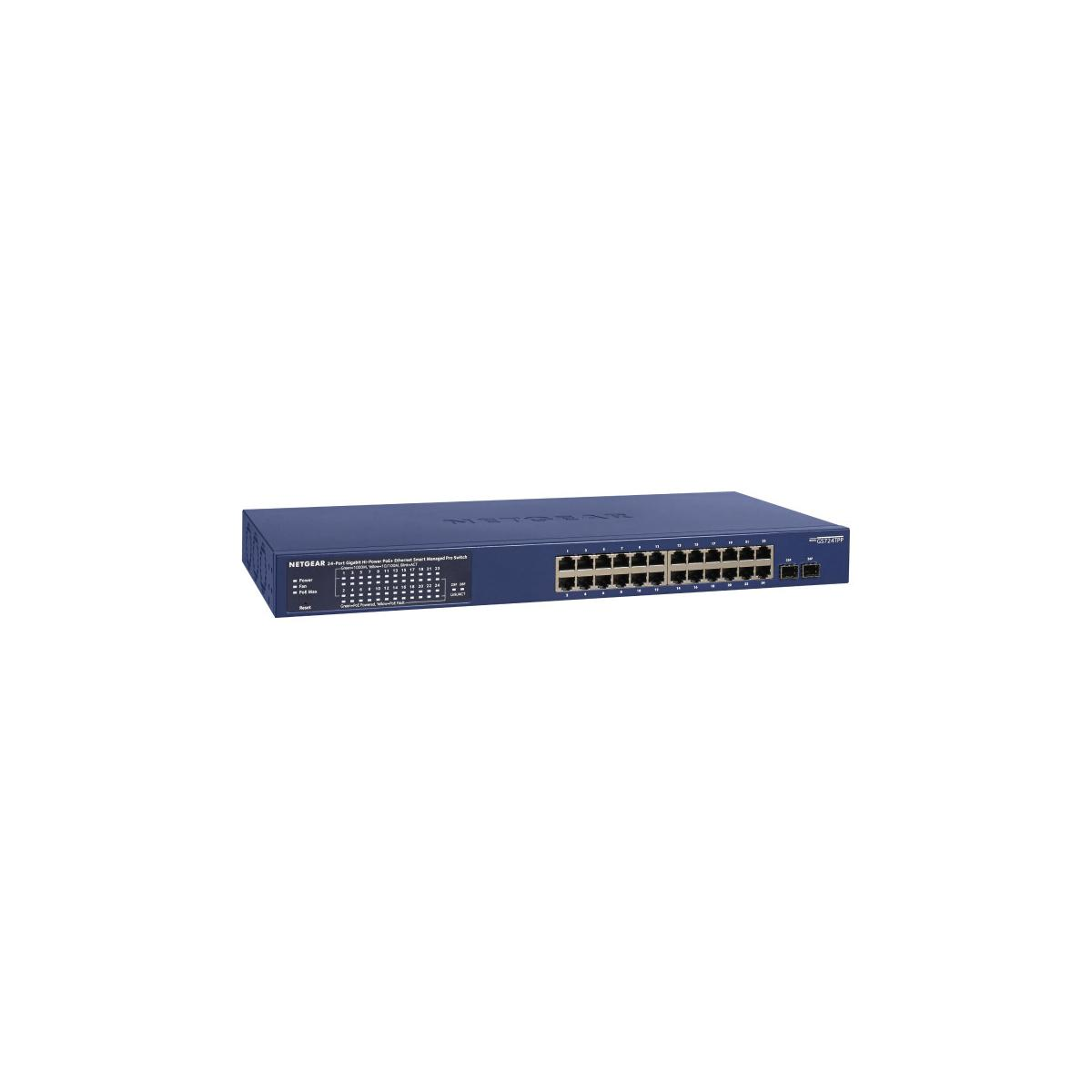 Un switch Ethernet Gigabit Netgear bleu 24 ports avec de nombreux ports et LED.