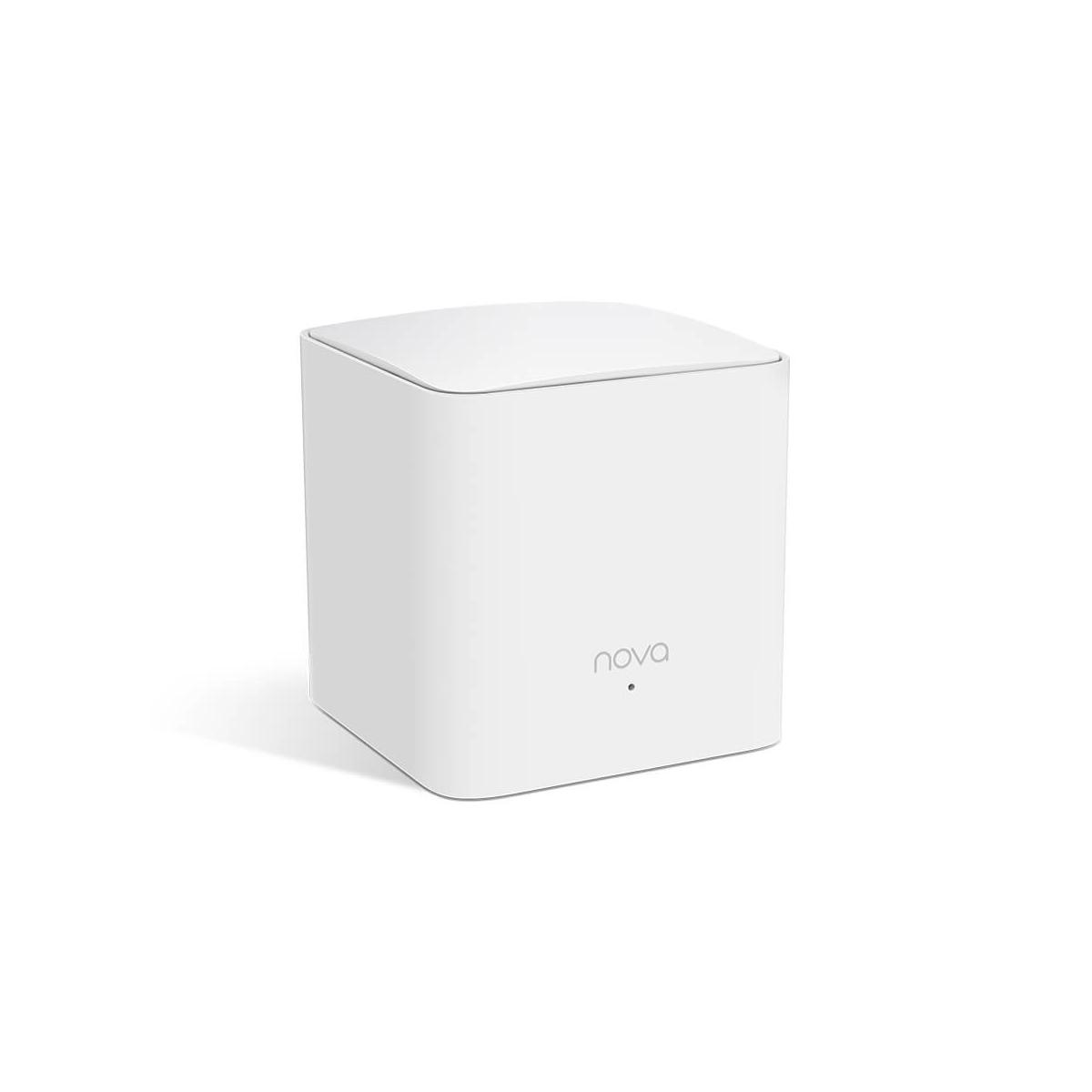Ein weißer, würfelförmiger Router mit dem Namen „nova“ und einem kleinen Punkt.