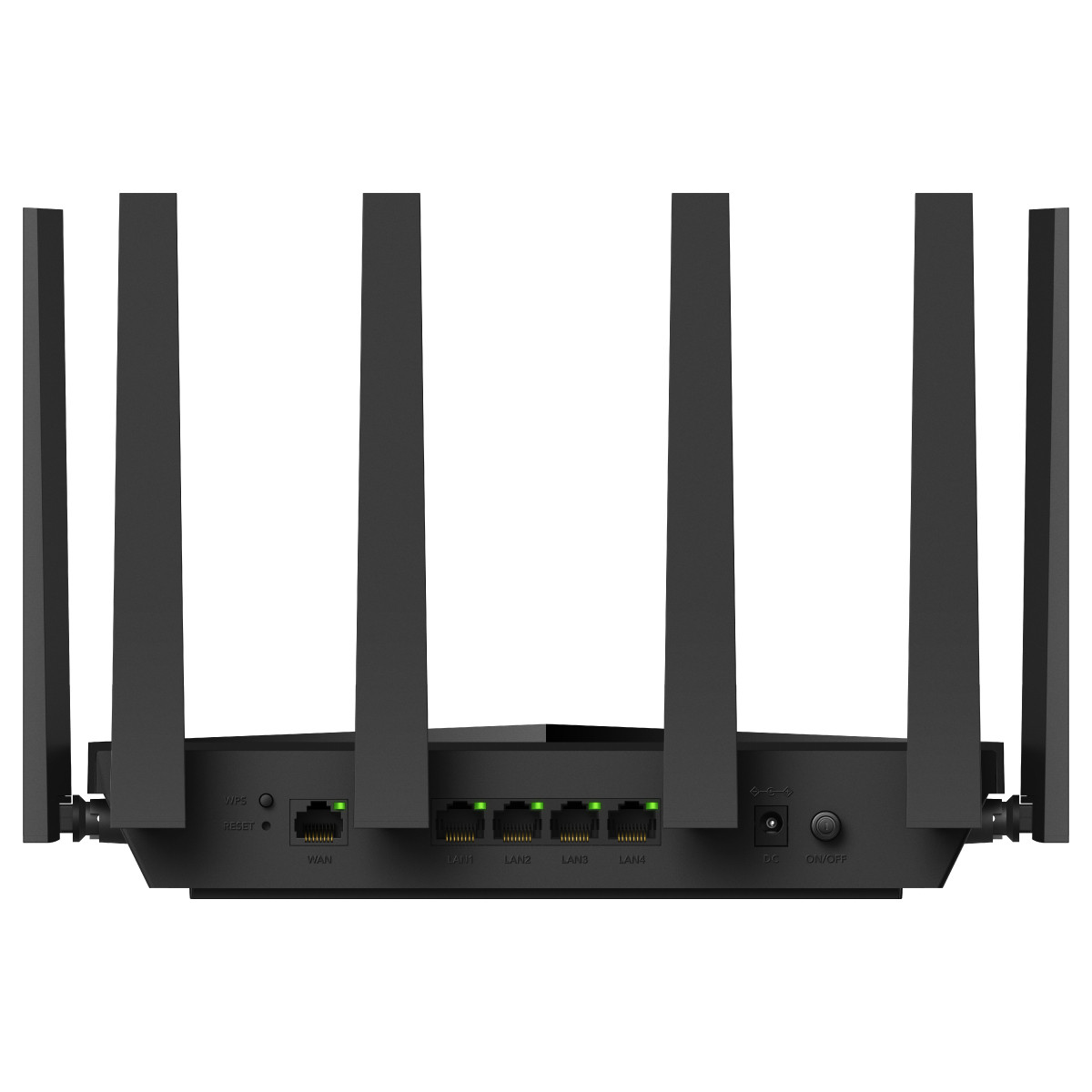 Schwarzer Router mit sechs Antennen, mehreren LAN-Anschlüssen und Ein/Aus-Schalter.