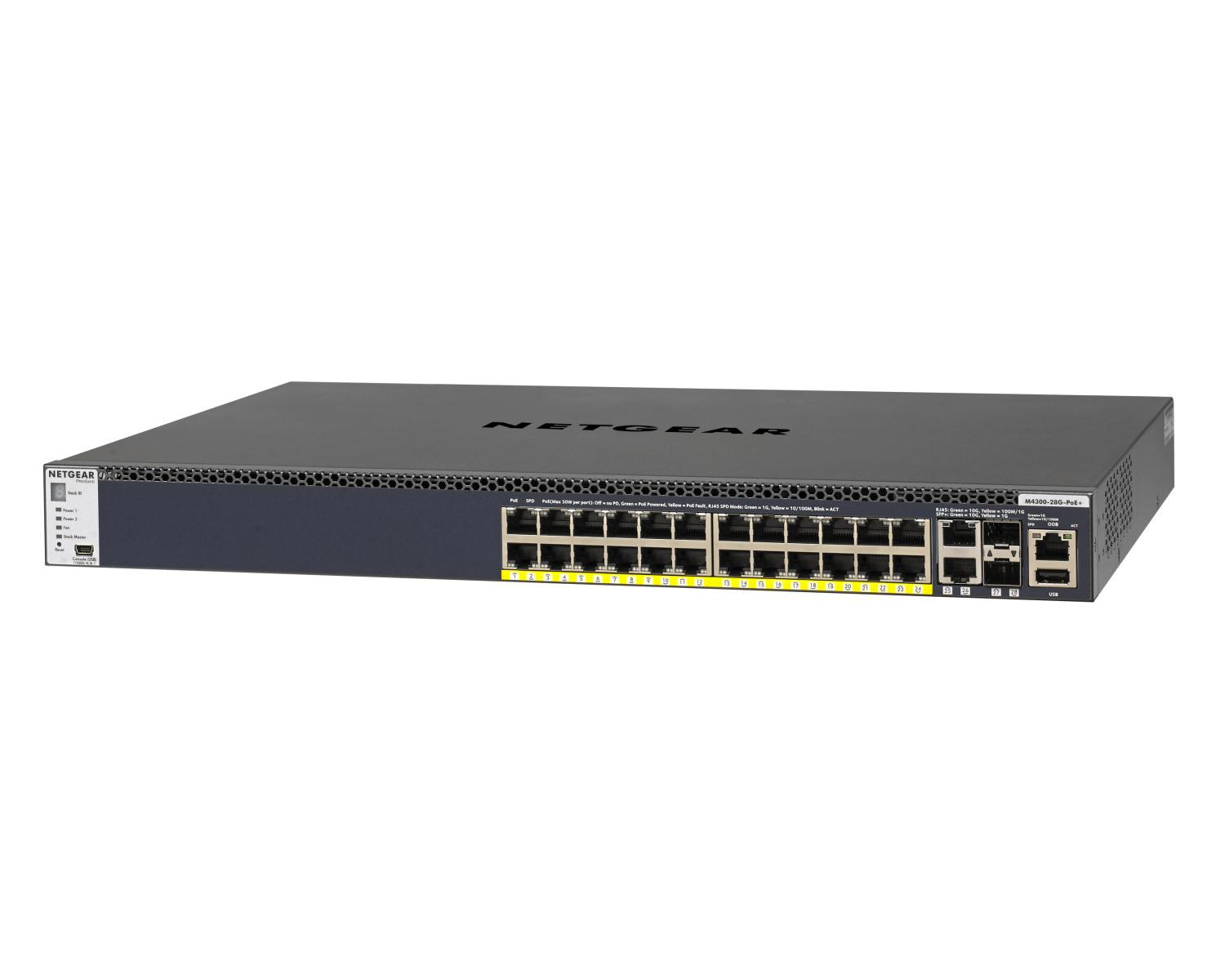 Uno switch Netgear nero con 28 porte e LED frontali.