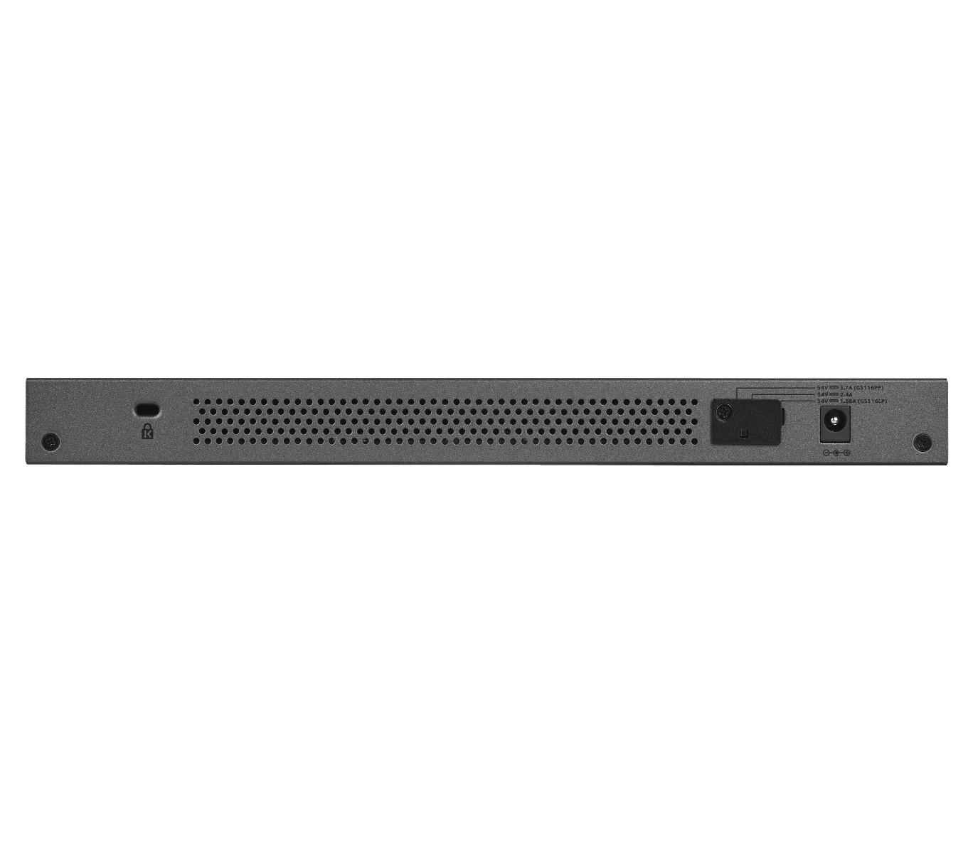 Grauer Netzwerk-Switch mit Lüftungsschlitzen und Anschlüssen auf der Rückseite.