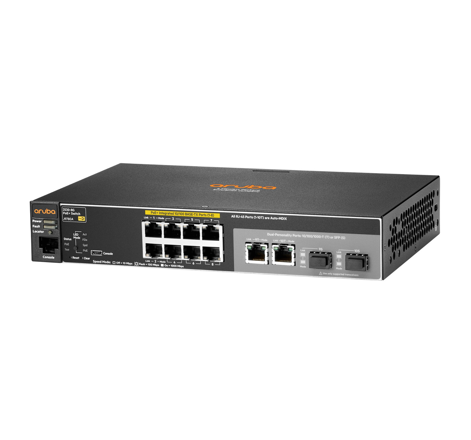 Ein schwarzer Aruba PoE+ Switch mit 8 RJ45-Ports und 2 Dual-Personality Ports.