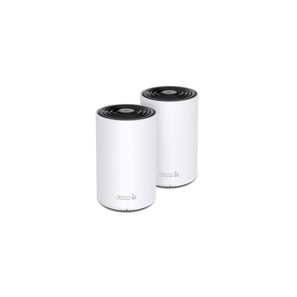 Dos unidades blancas de malla Wi-Fi TP-Link Deco 6E sobre fondo blanco.