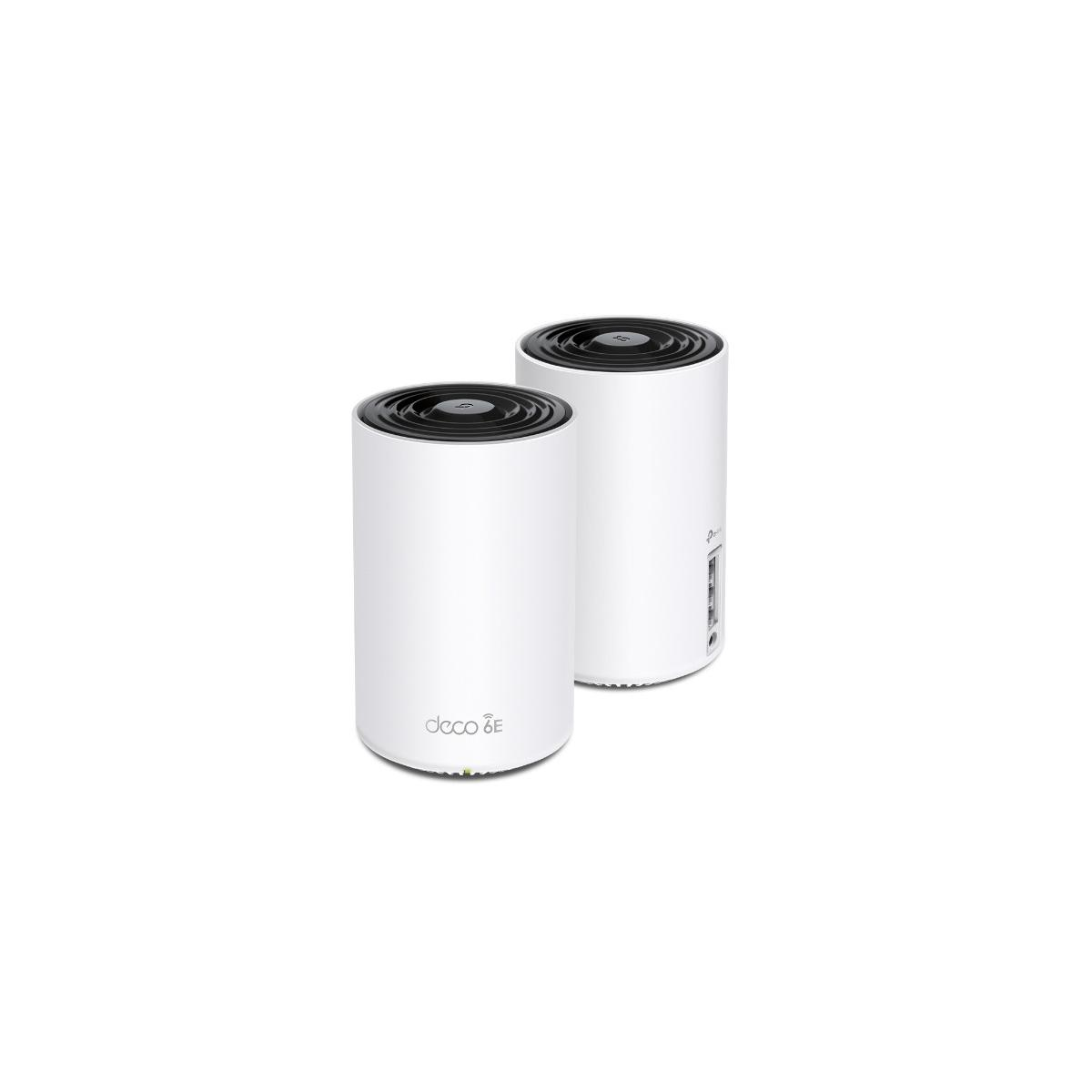 Dos routers Deco blancos y cilíndricos con rejillas negras en la parte superior.