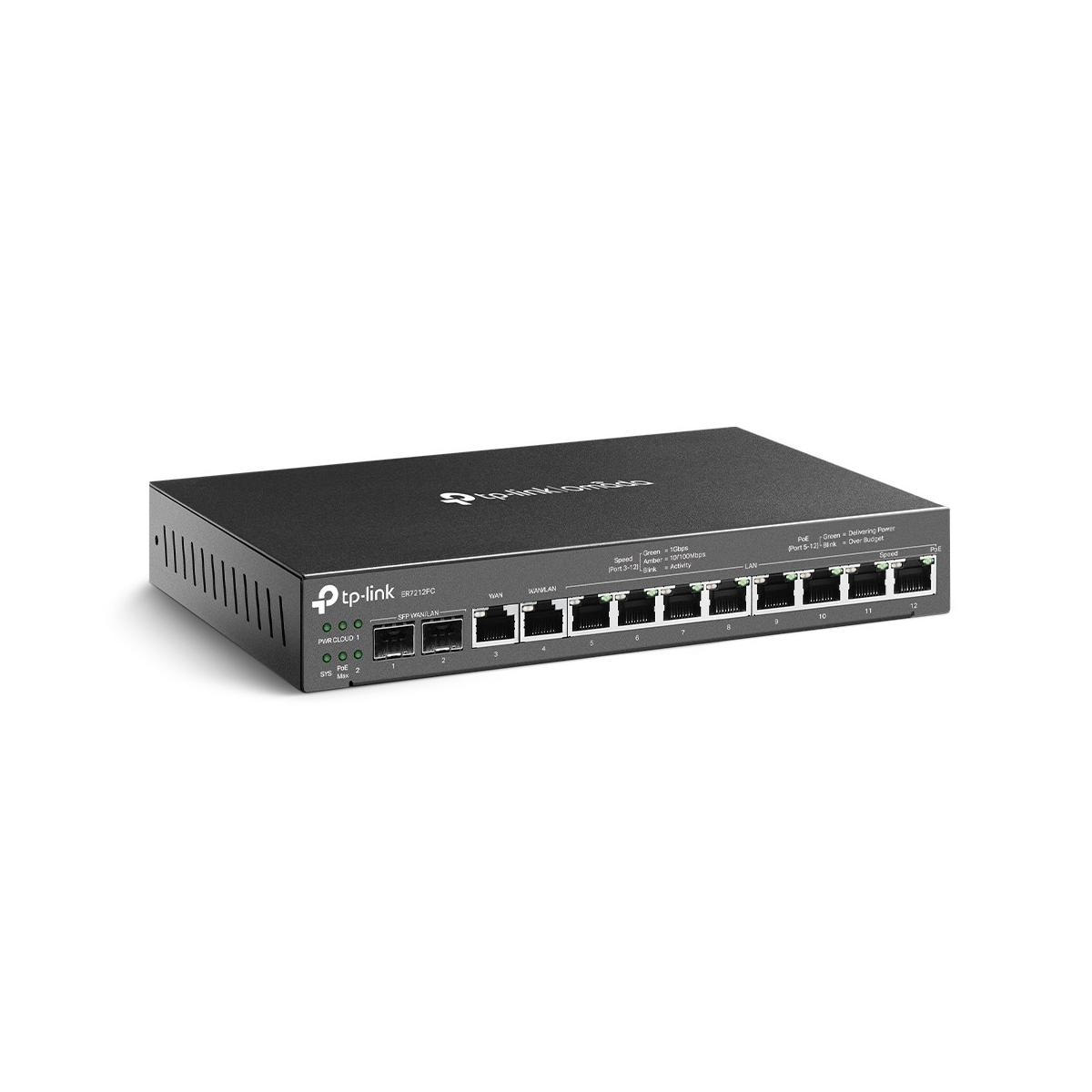 Een zwarte TP-Link switch met 12 poorten, systeem- en PoE-indicatoren.