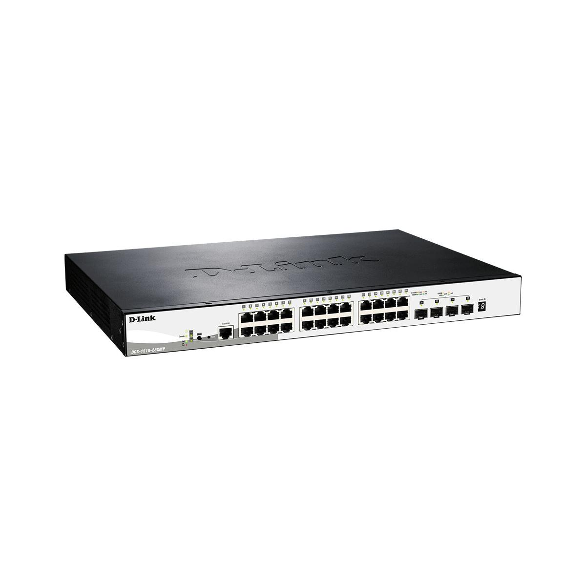 Uno switch di rete D-Link nero con molte porte sul pannello frontale.