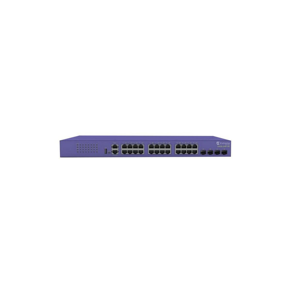 Uno switch di rete viola con molte porte e il logo Extreme Networks.