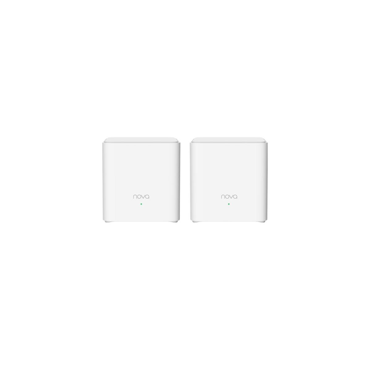 Zwei weiße Nova-Router mit grünen Lämpchen stehen nebeneinander.