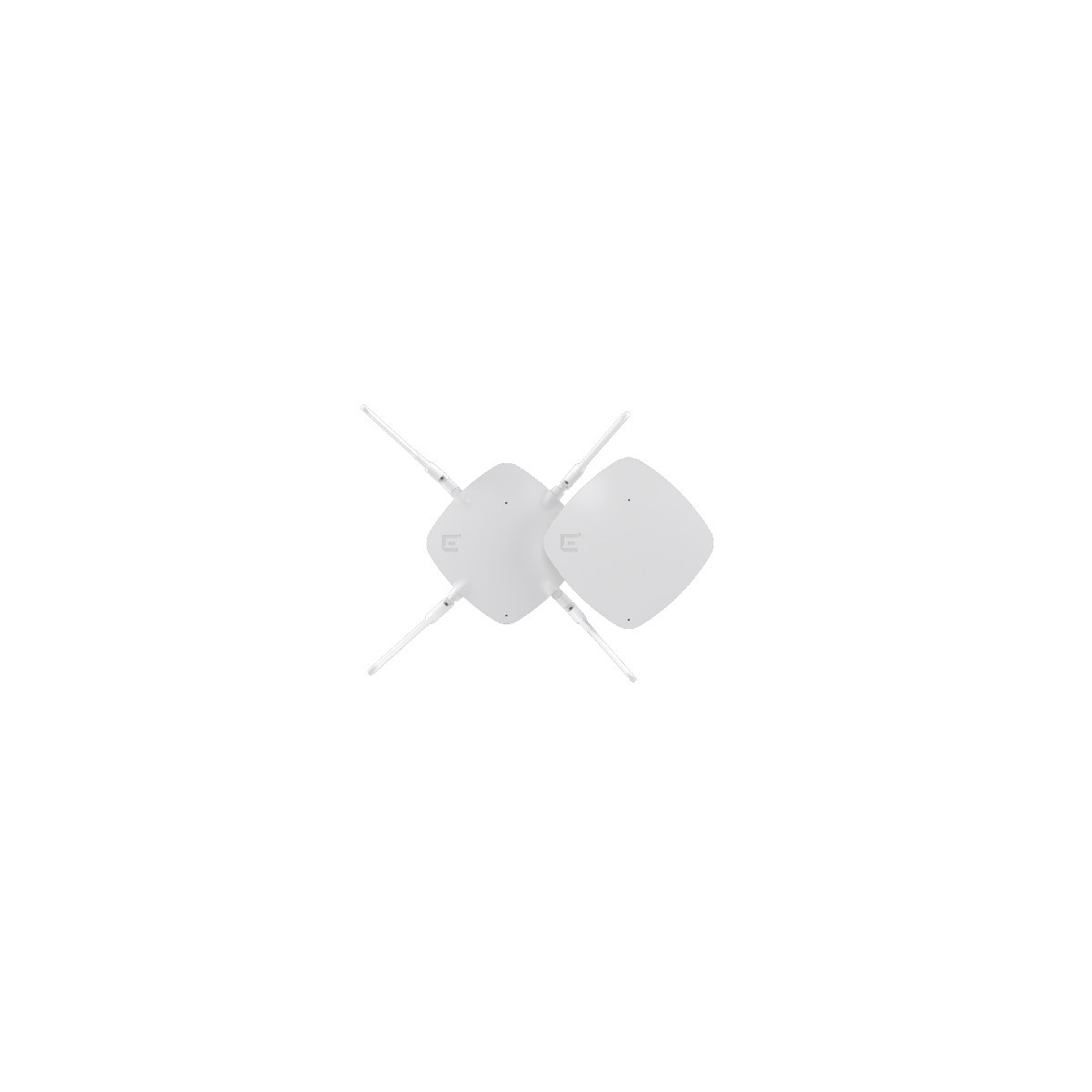 Twee witte vierkante wifi-routers met antennes op een witte achtergrond.