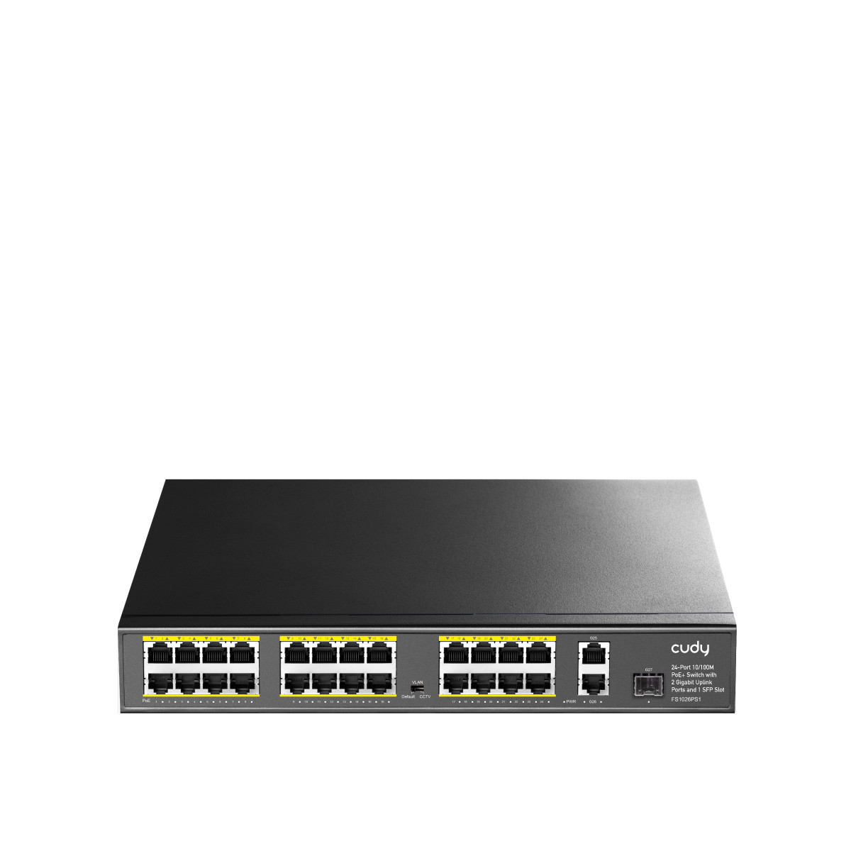 Uno switch di rete Cudy nero a 24 porte 10/100M PoE+ con 2 porte uplink gigabit.